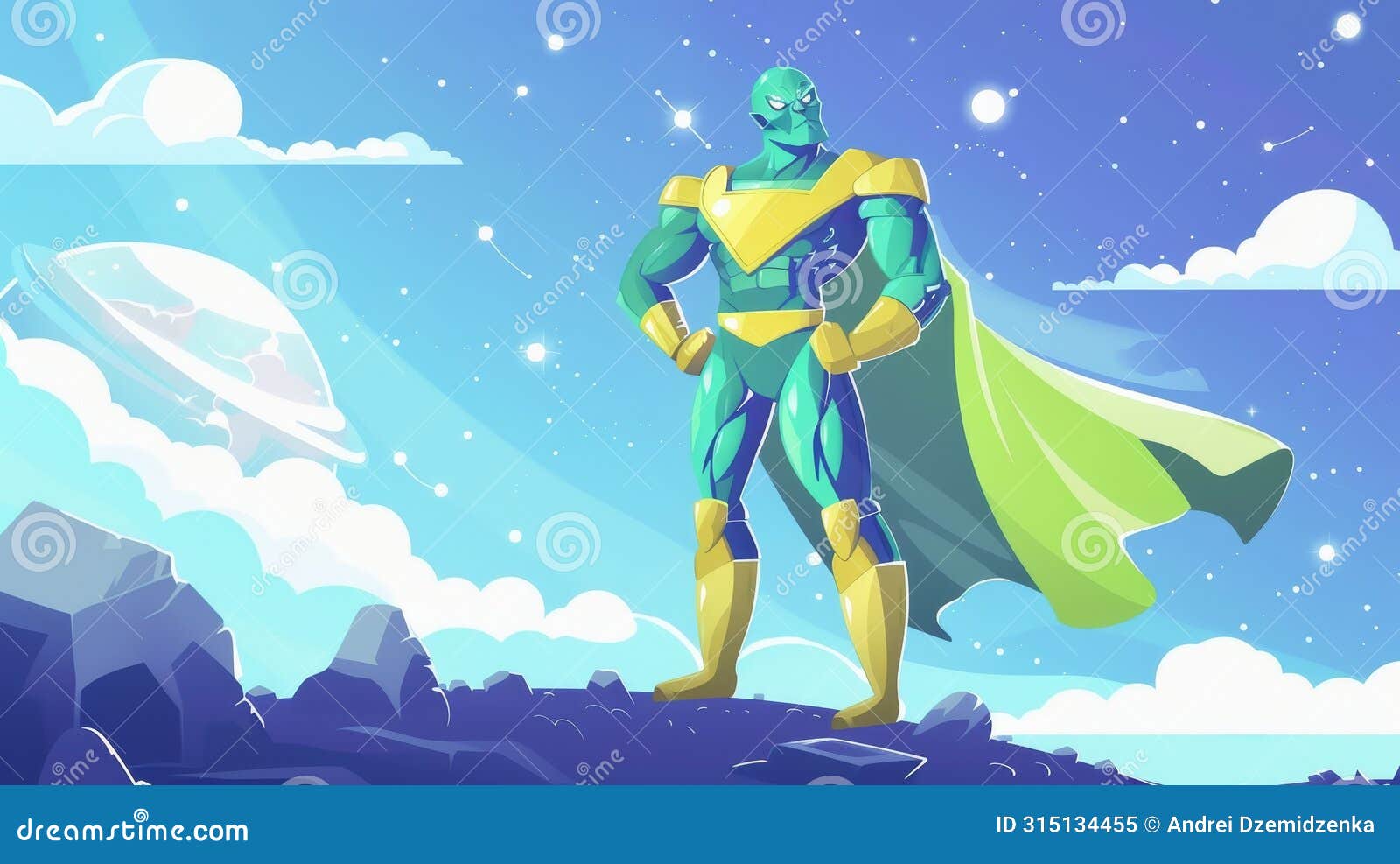 animated martian alien cartoon character stands with arms akimbo on extraterrestrial planet landscape. galaxy comer with