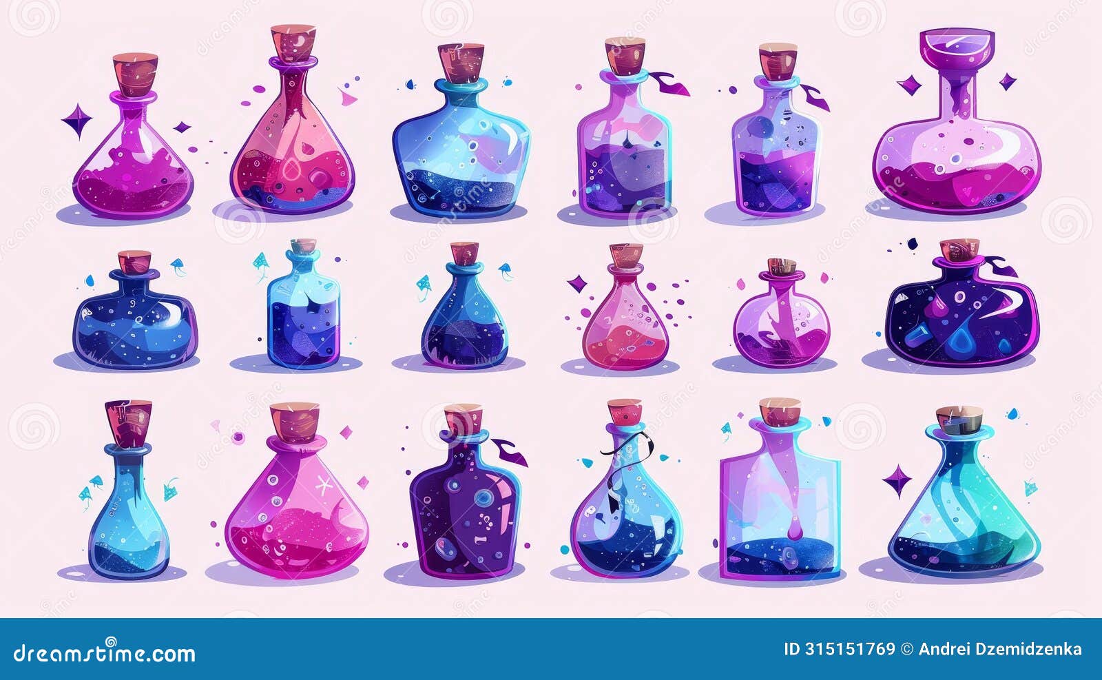 an animated potion bottle with a spill. a set of fantasy witch glass elixir icons. 3d cork antidote phial  on a