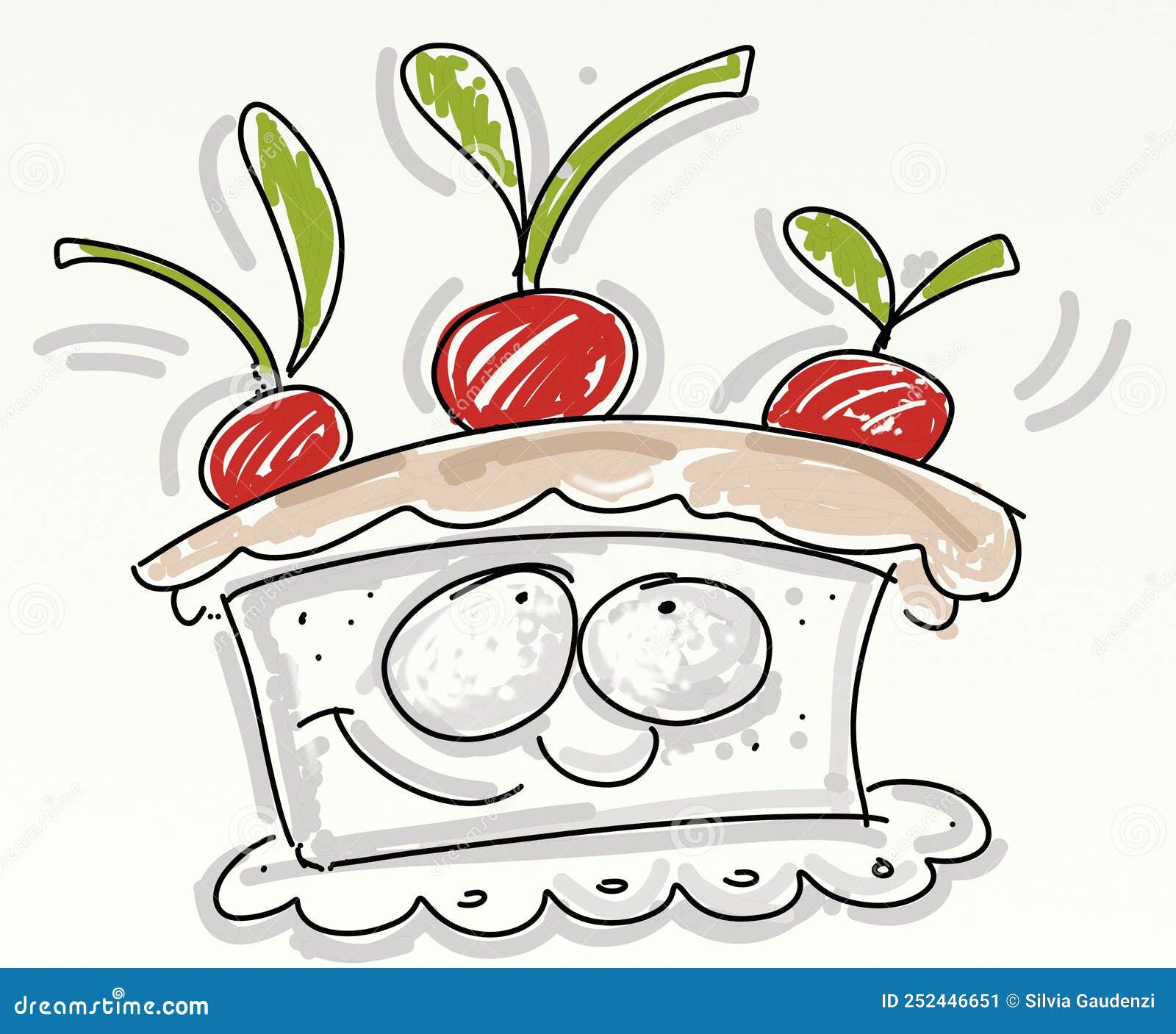 animated tart with cream and three cherries lay out stretch hand drawn marker and pantone