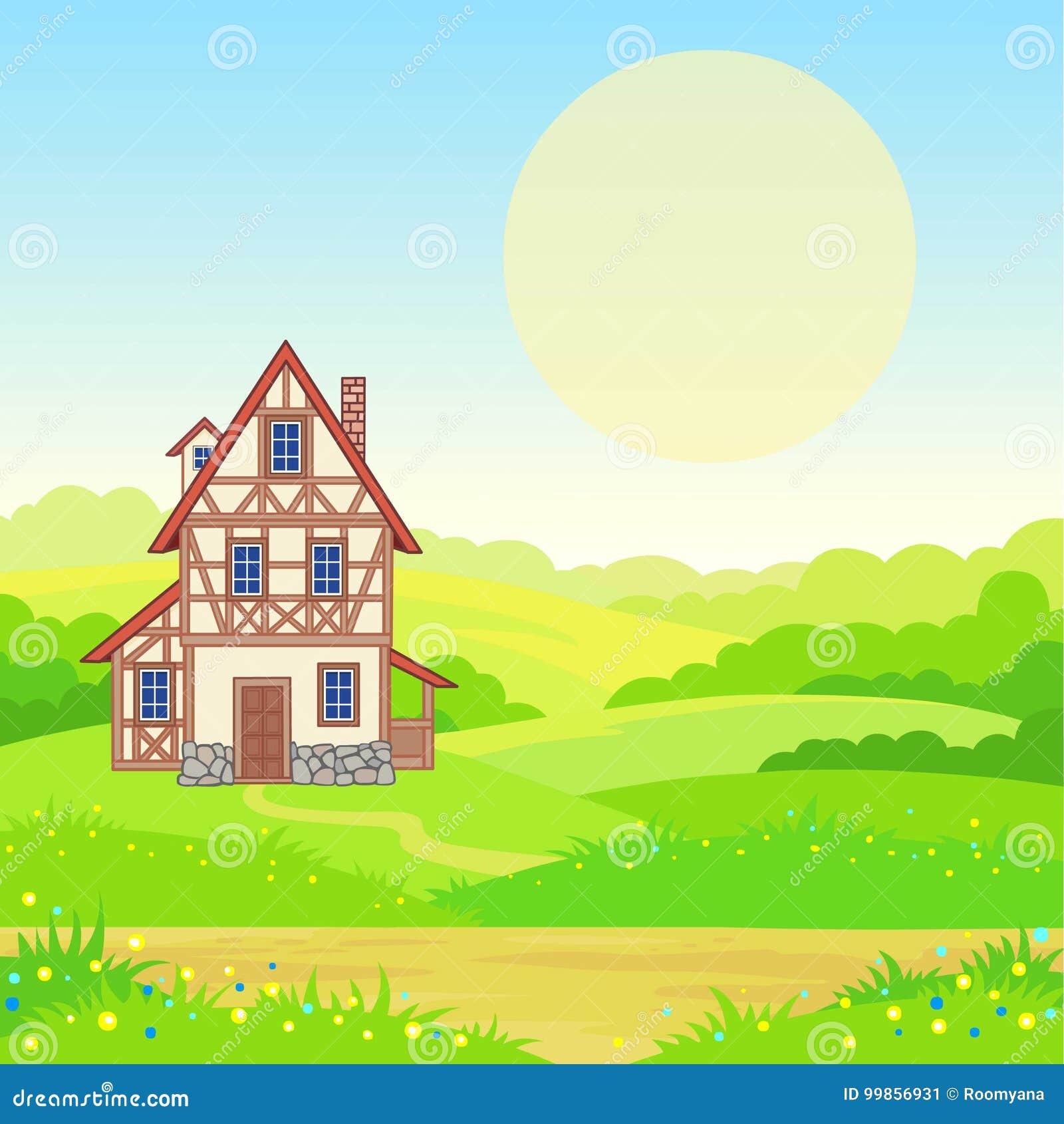 Animation Background - the Ancient House, the Blossoming Meadows. Stock Vector - Illustration of grass, flowers: 99856931 Animation Background - the Ancient House, the Blossoming Meadows. Stock Vector - Illustration of grass, flowers: 99856931