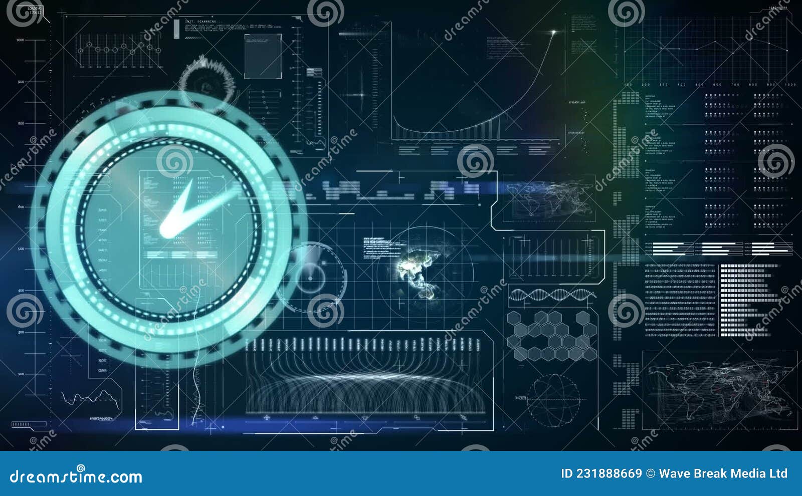 Animation of Clock Moving Fast and Data Processing with Globe on Screen