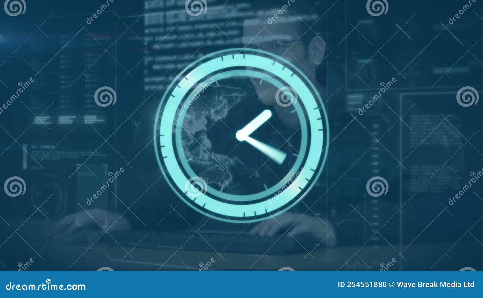 Animation of Clock Moving Fast Over Computer Servers Stock Footage