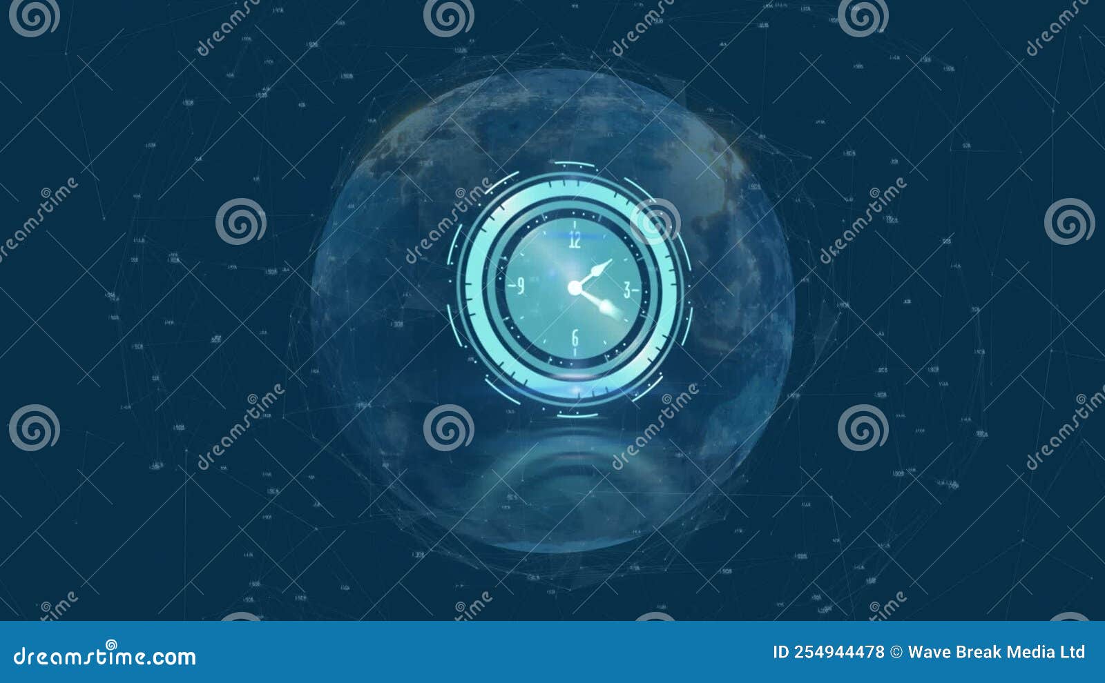 Animation of Clock Moving Over Globe Connections and Icons on Navy