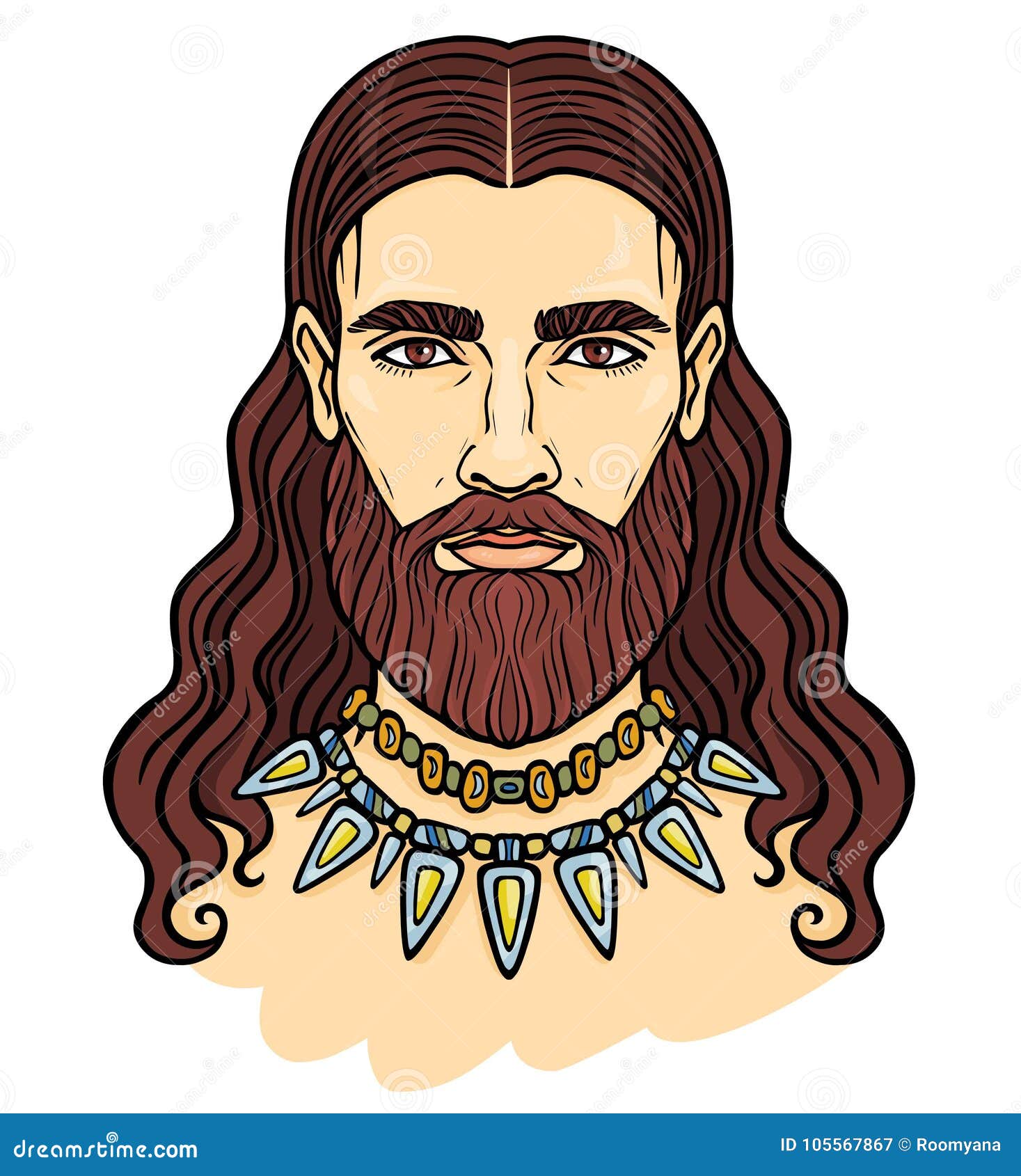 Animation Color Portrait of the Young Bearded Man with Long Hair in an