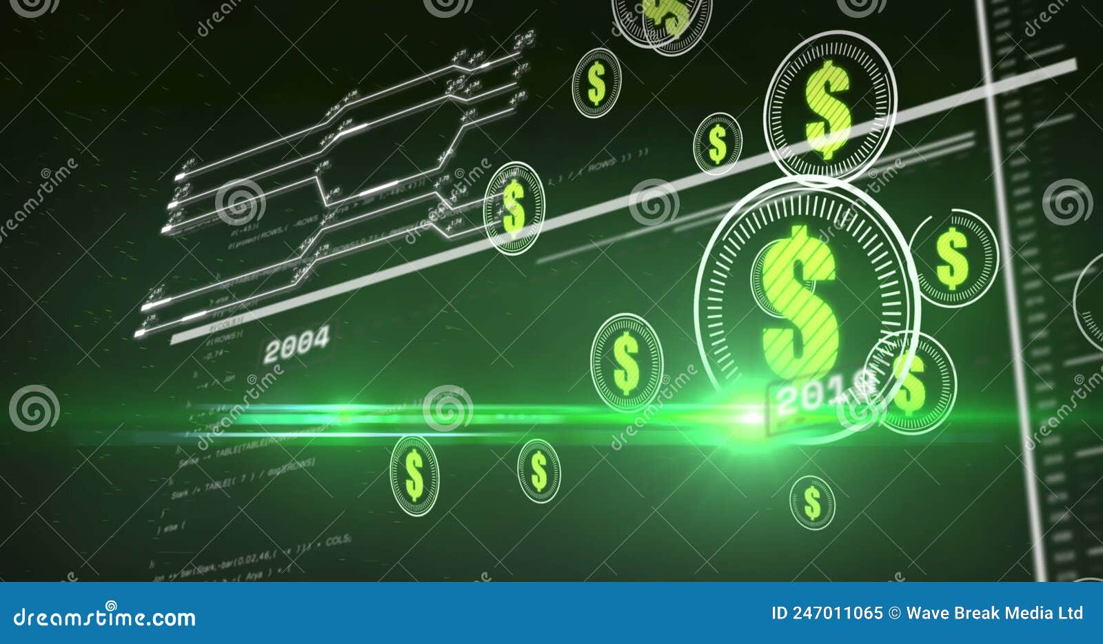 Animation of Dollars in Circles Over Data Processing on Green