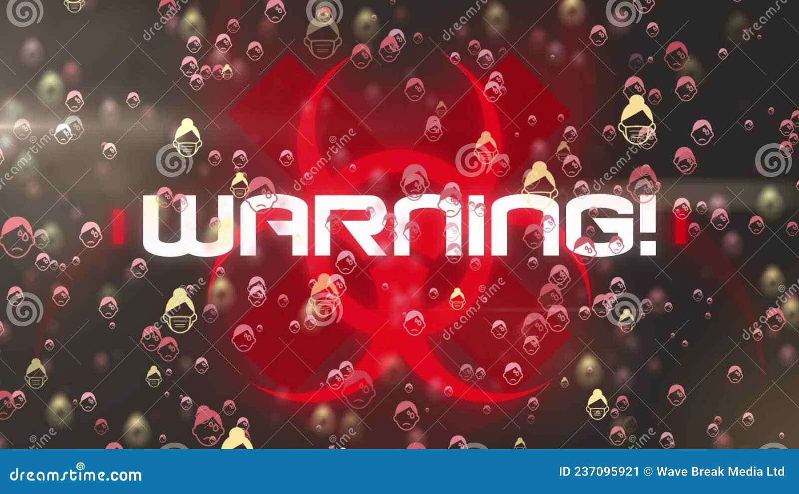 Animation of Falling Emoji Wearing Face Masks Warning Text Over Black