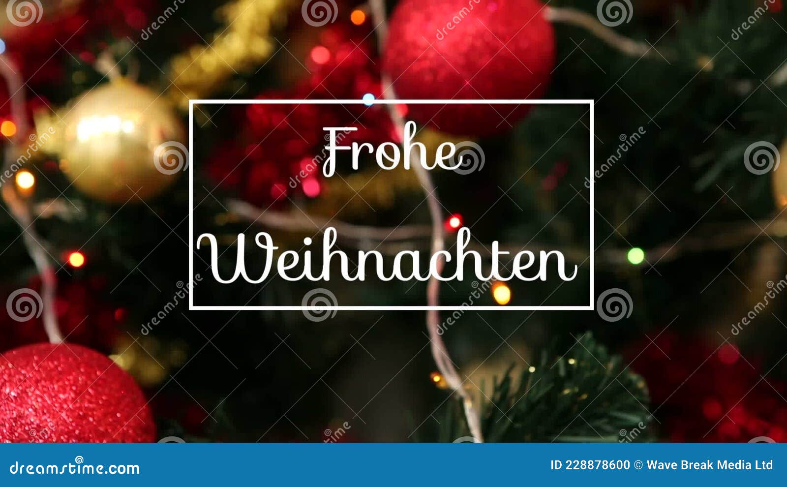 Animation of Frohe Weihnachten Greeting Text in Frame Over Christmas