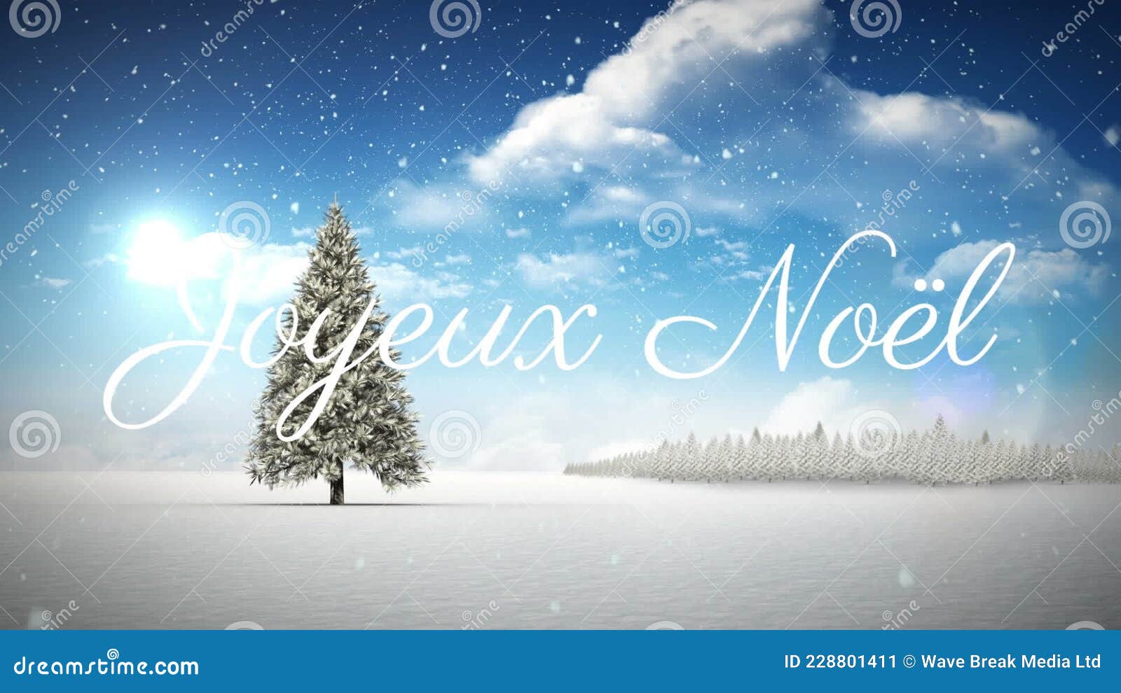 Animation of Joyeux Noel Text Over Christmas Tree and Snow Falling Over