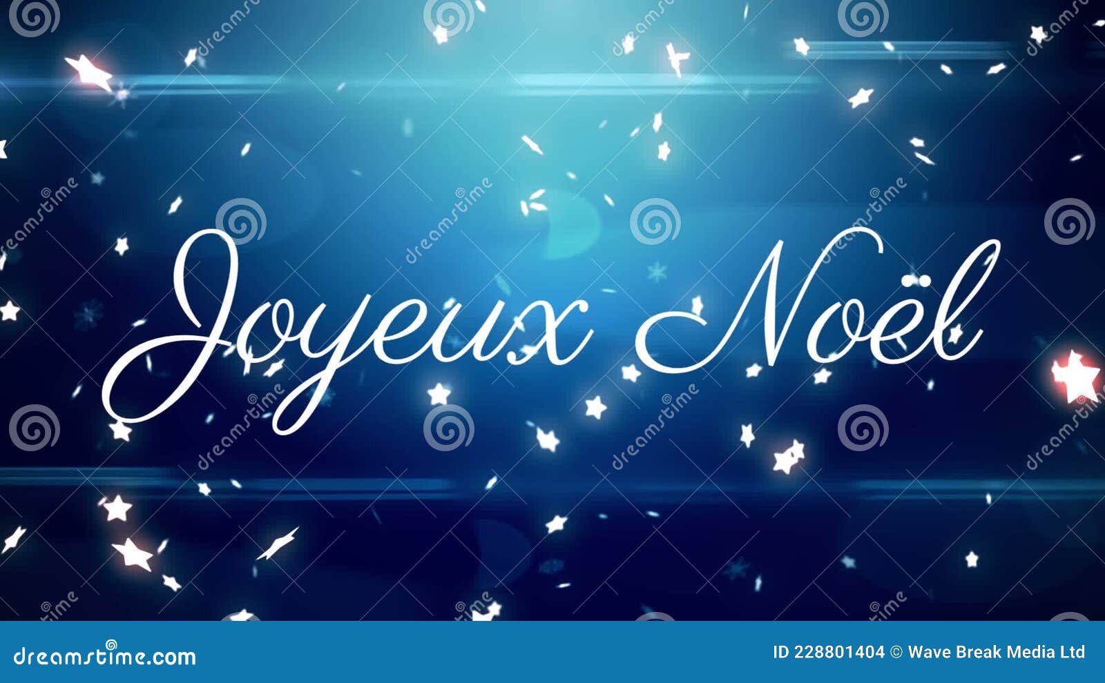 Animation of Joyeux Noel Text Over Snow Falling on Blue Background