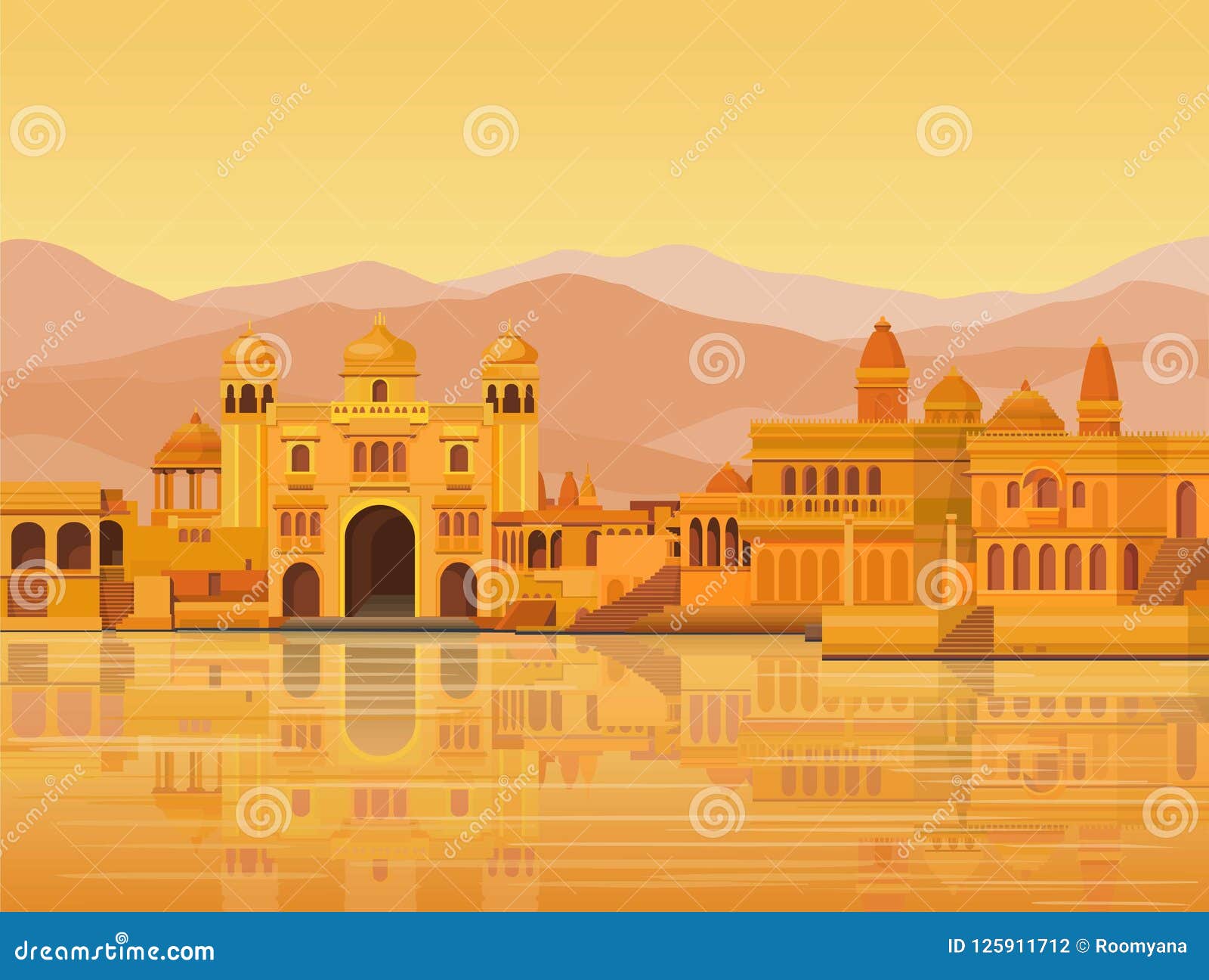 animation landscape: the ancient indian city: temples, palaces, dwellings, river bank.