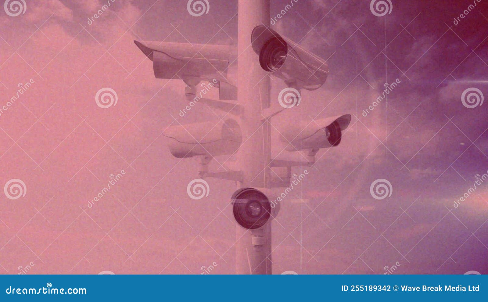 Animation of Moving Cctv Cameras Over Clouds on Blue Sky with Pink Tint