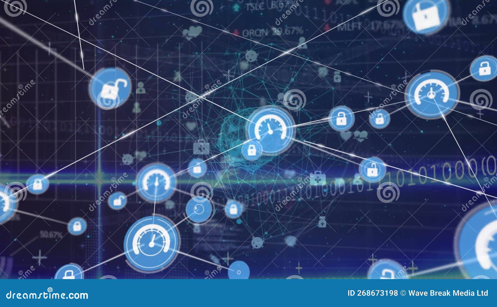 Animation of Network of Digital Icons Over Spinning Globe and Data