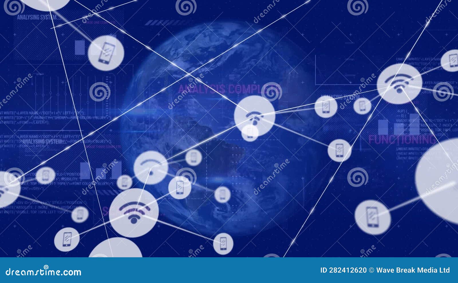 Animation of Network of Digital Icons Over Spinning Globe and Interface