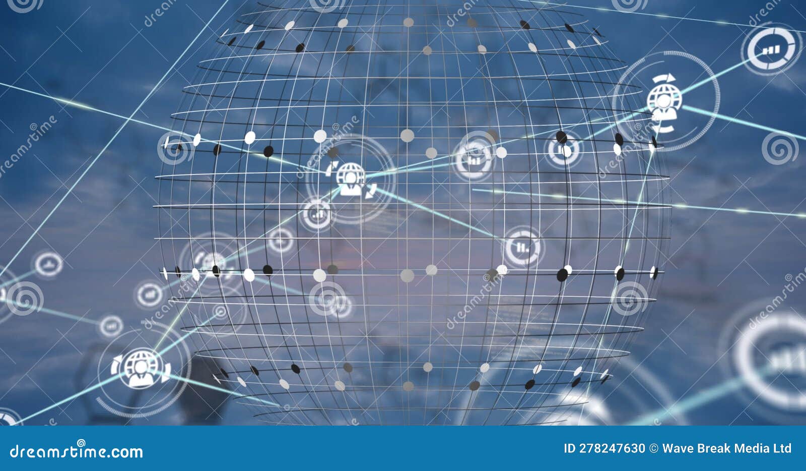 Animation of Network of Digital Icons and Spinning Globe Against Clouds