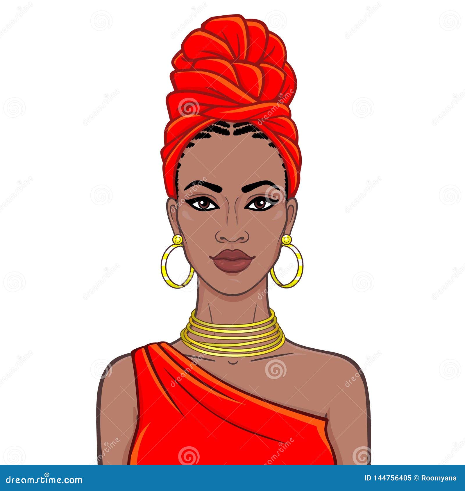 animation portrait of the beautiful  black woman in a red turban and gold jewelry.
