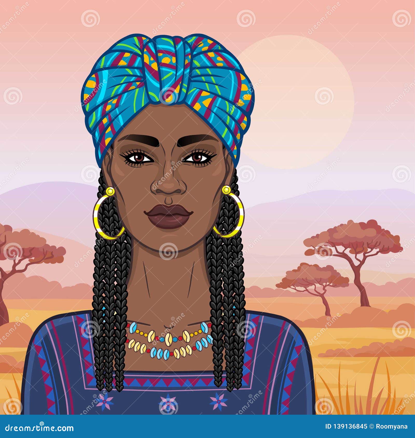 Animation Portrait Of The Beautiful Black Woman In A Turban And Afro