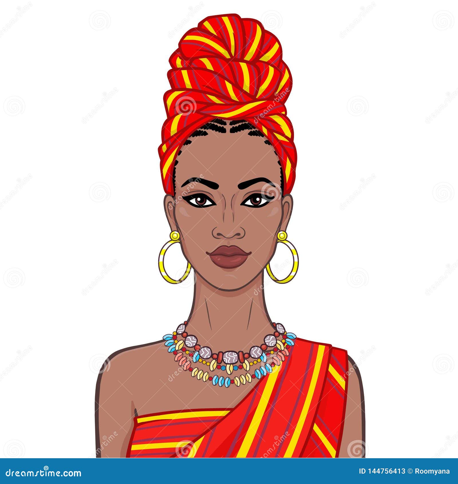 animation portrait of the beautiful  black woman in a turban and ethnic jewelry.