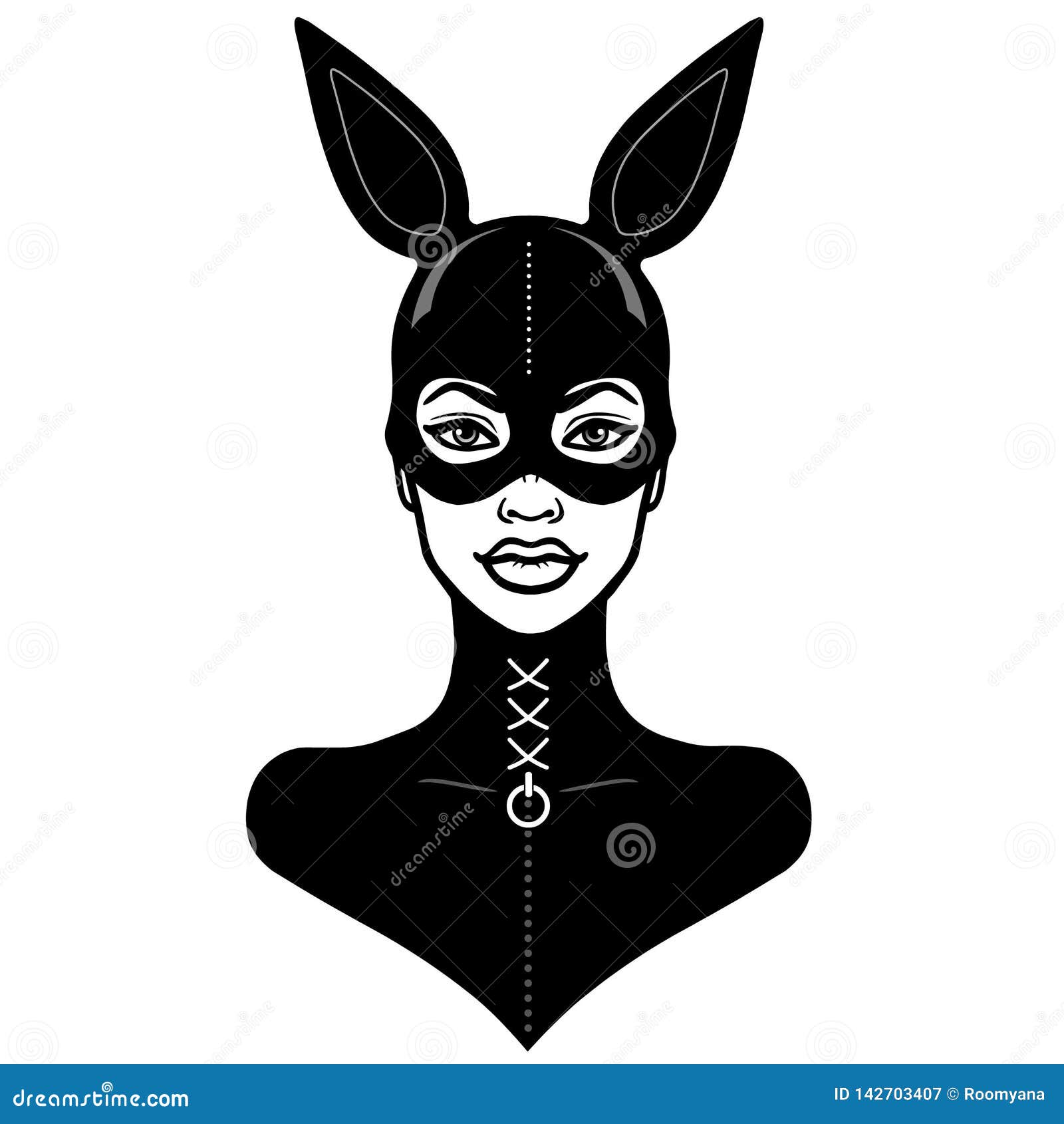 animation portrait of the beautiful girl in a black latex suit and mask rabbit.