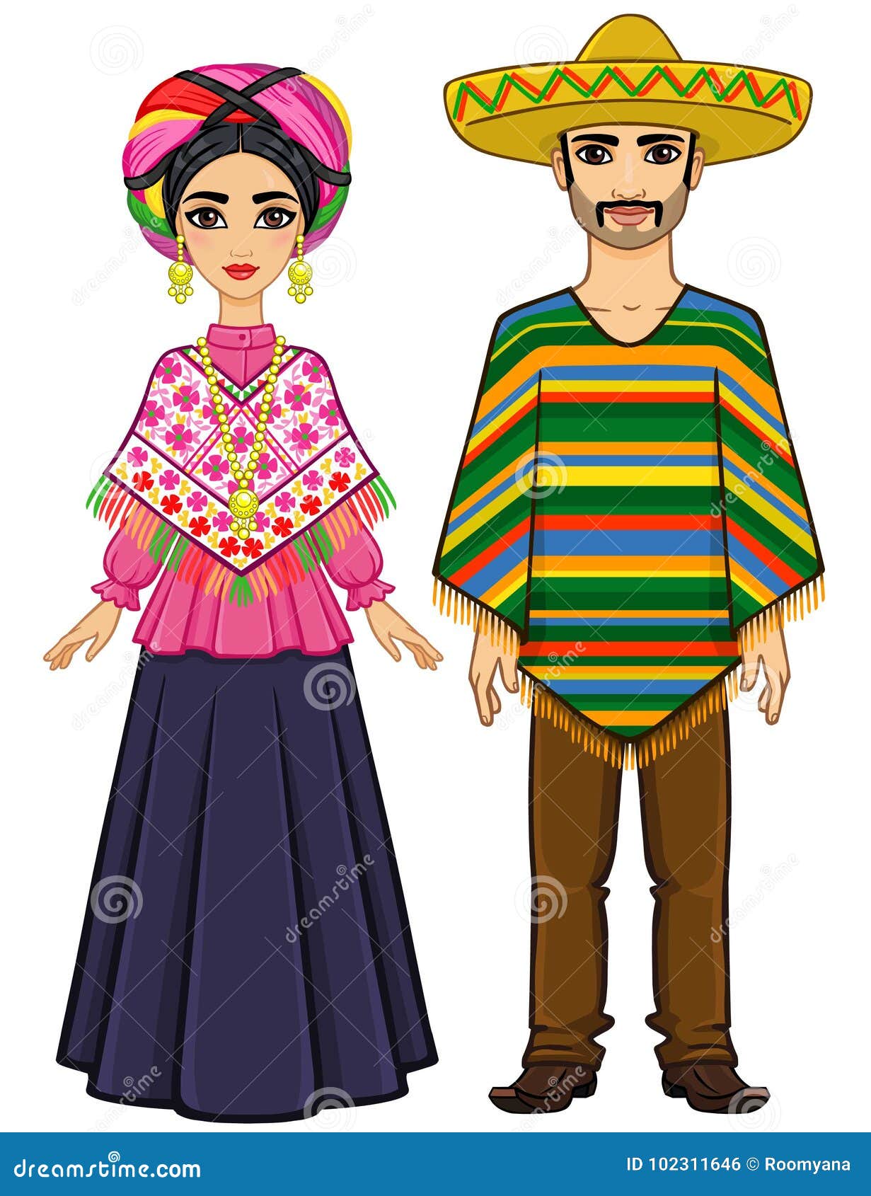 Animation Portrait of the Mexican Family in Ancient Festive Clothes ...