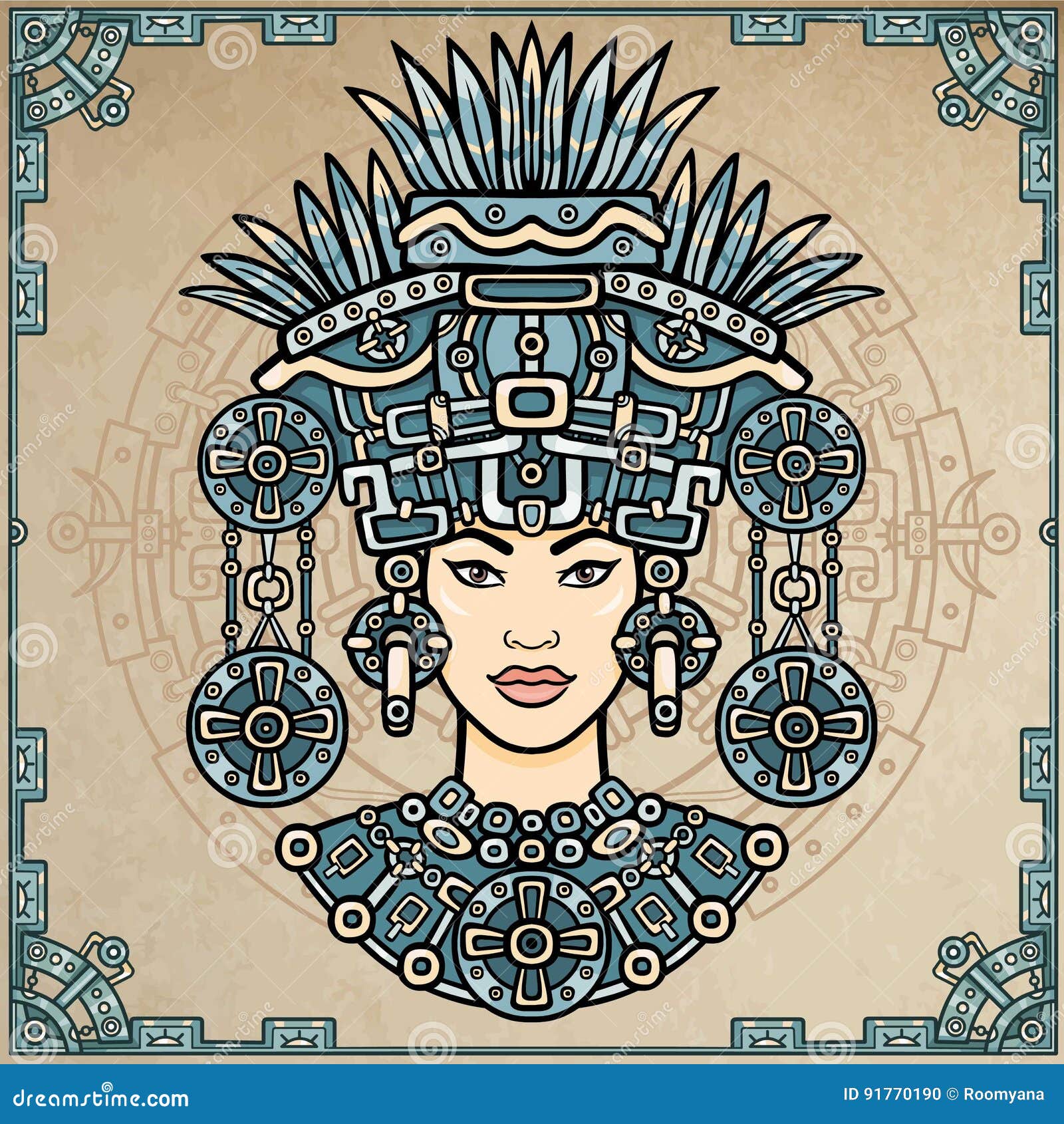 animation portrait of the pagan goddess based on motives of art native american indian. color decorative drawing.