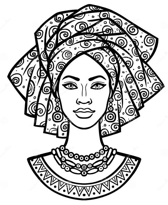 Animation Portrait of the Young African Woman in a Turban. Stock Vector ...