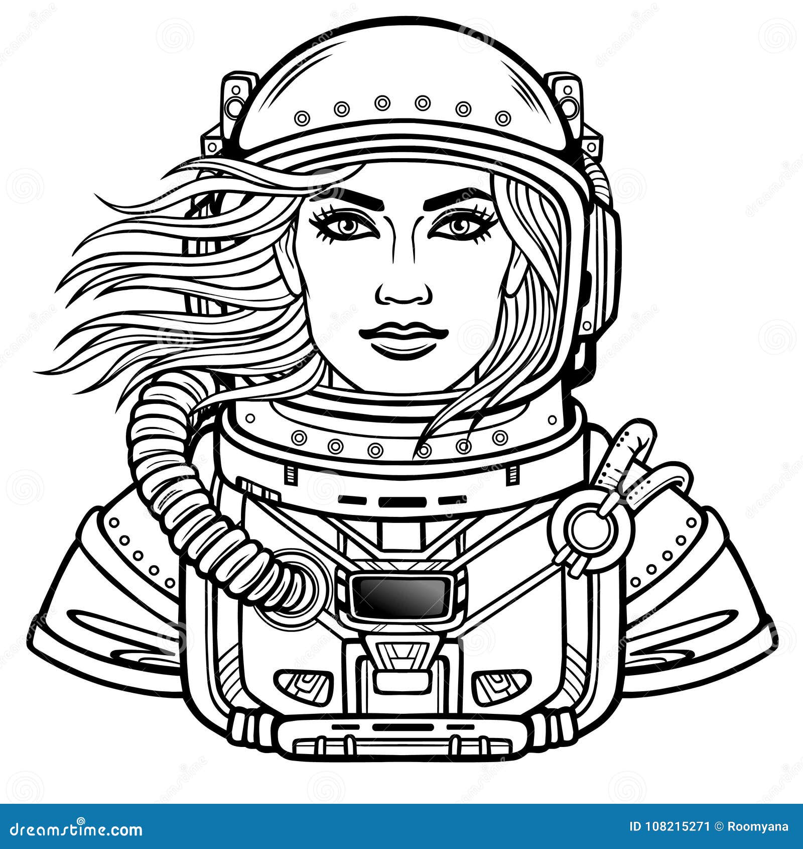 animation portrait of the young attractive woman astronaut in a space suit. helmet is open, hair flutter.