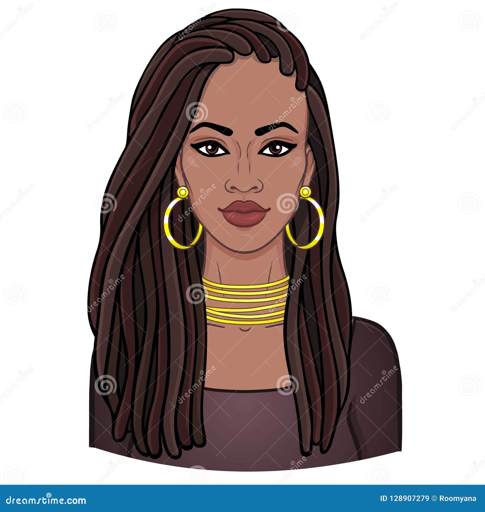 Animation Portrait of the Young Beautiful African Woman in a Dreadlocks.  Stock Vector - Illustration of afro, female: 128907279