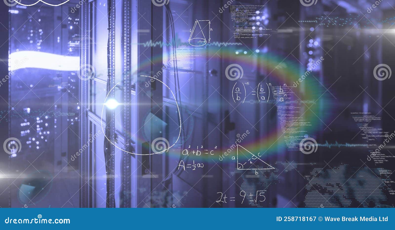 Animation of Rainbow Lens Flare Over Mathematical Equations and Data