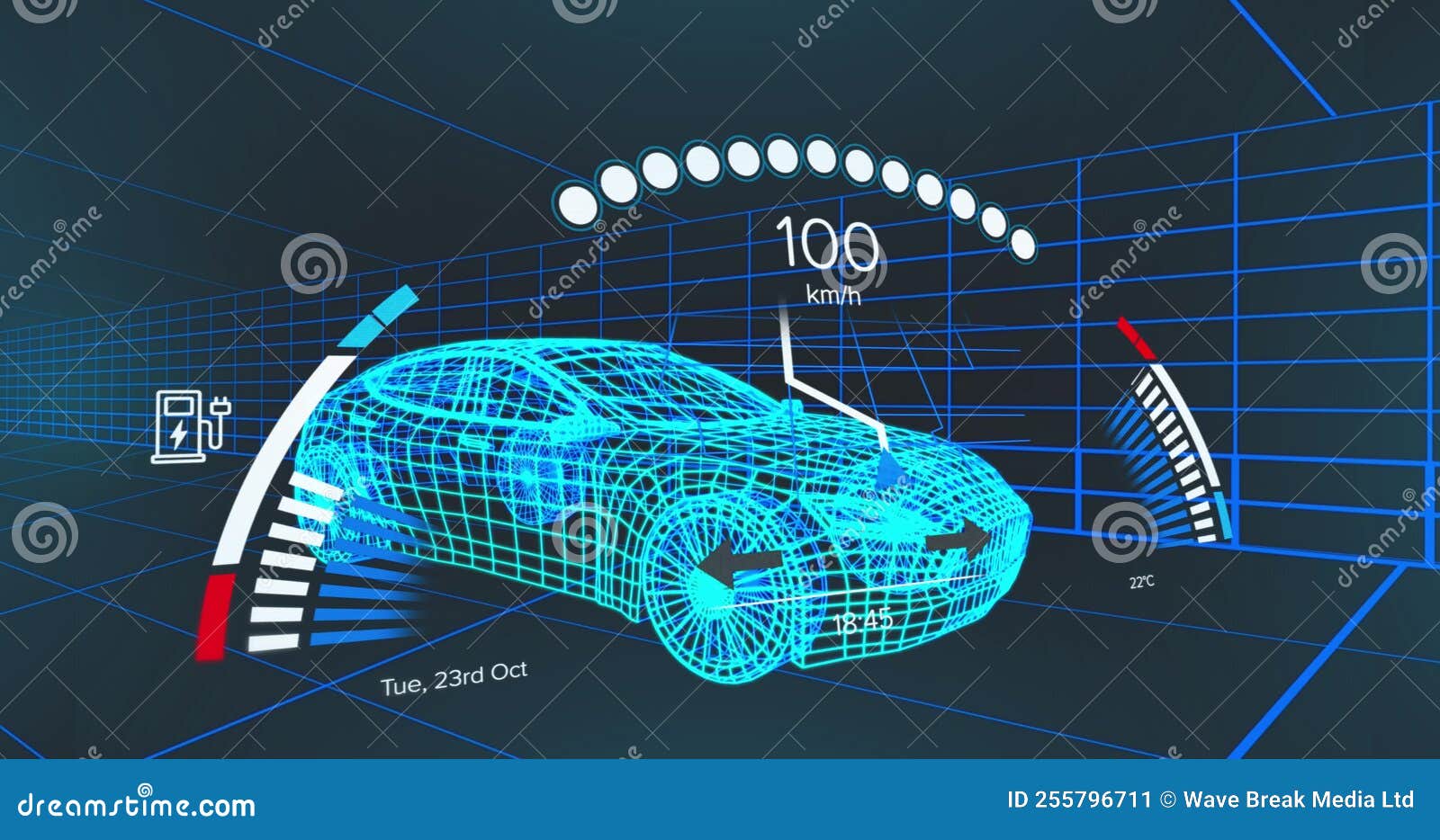 Animation of Speedometer Over 3d Model of a Car Moving Against Blue