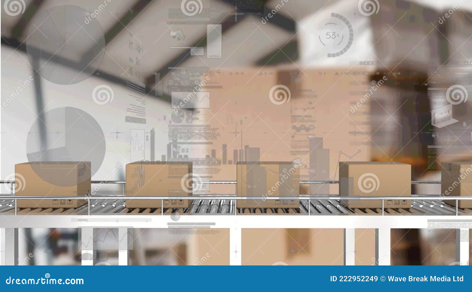 Animation of Statistics Processing Over Conveyor Belt with Boxes Stock