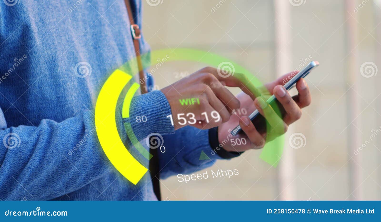 Animation of Yellow Speedometer Over Hands of Caucasian Man Using