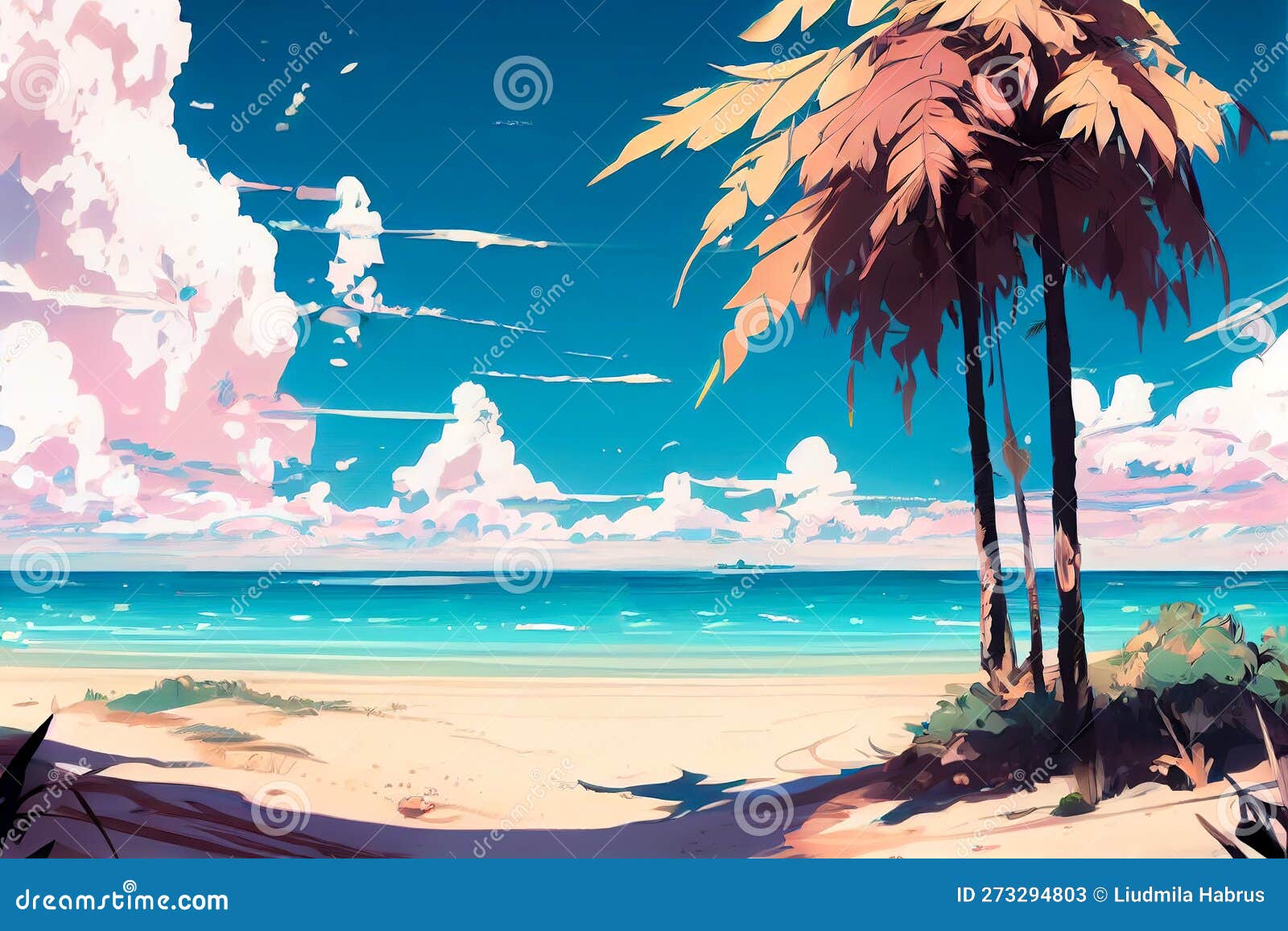 Anime Beach Scene with Palm Trees and a House, AI Stock Image - Image of  beach, outdoors: 290359589
