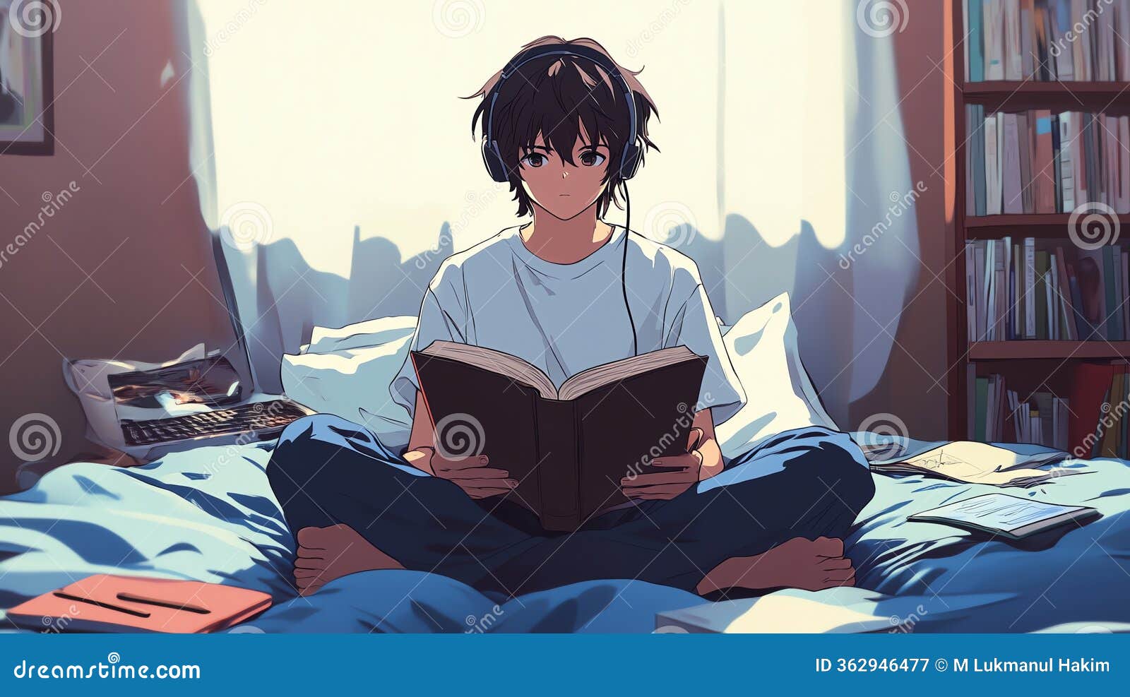 Anime Boy Reading Book Illustration Stock Image - Image of bookshelves,  quiet: 362946477, image size:1600x987
