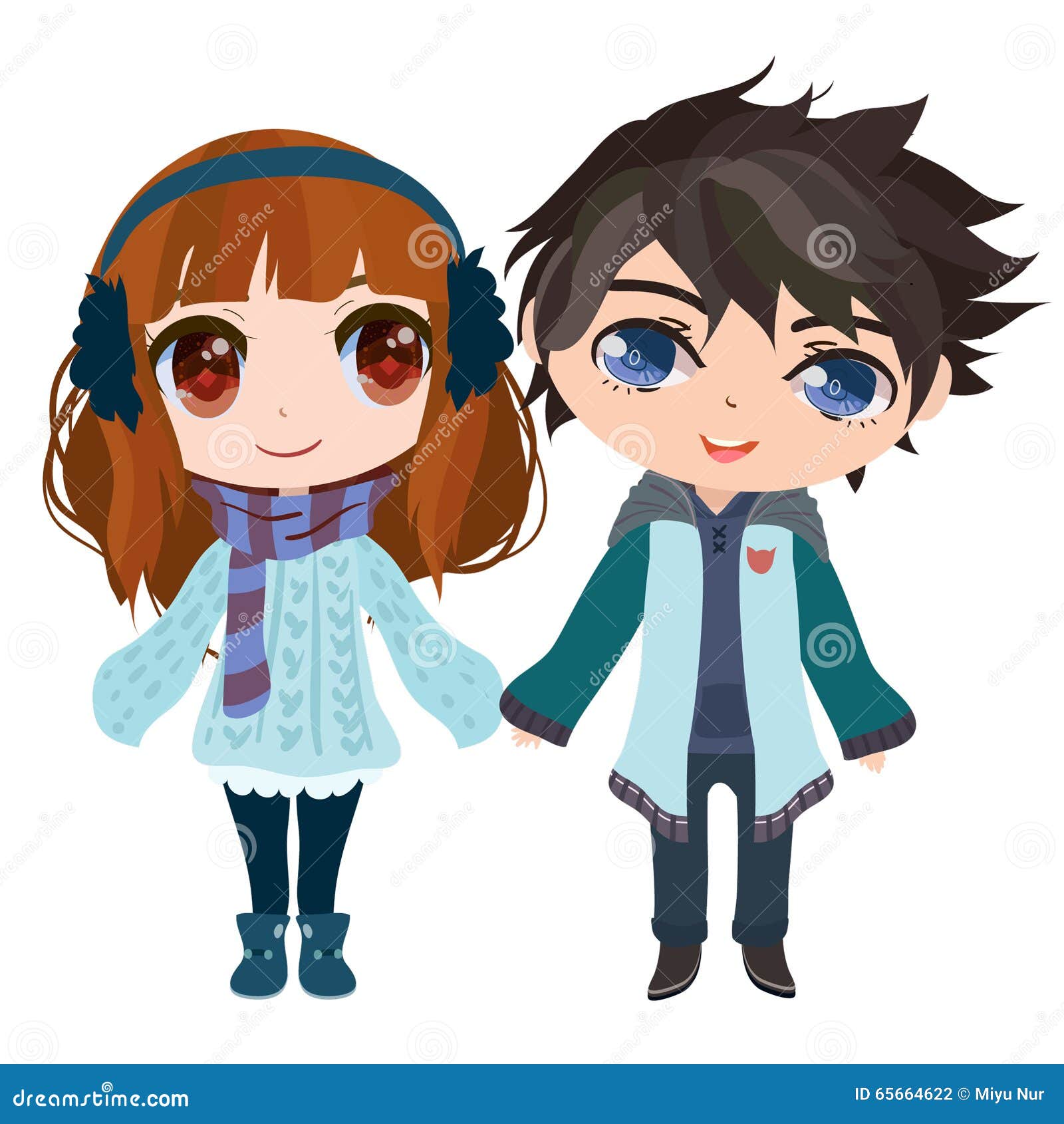 anime boy and girl holding hands chibi