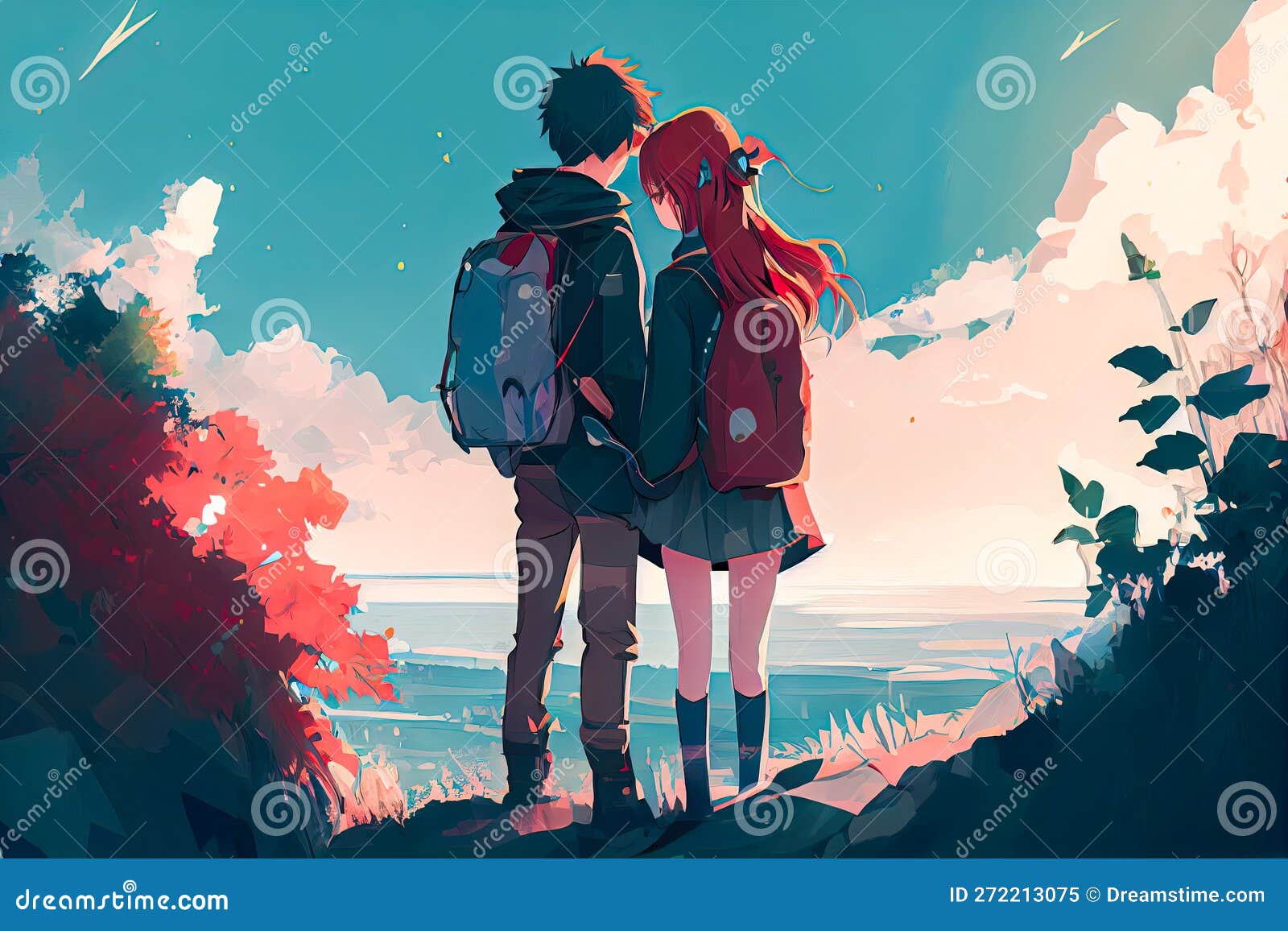 Cute couple in love. Romantic wallpaper. Anime style characters. AI Stock  Illustration