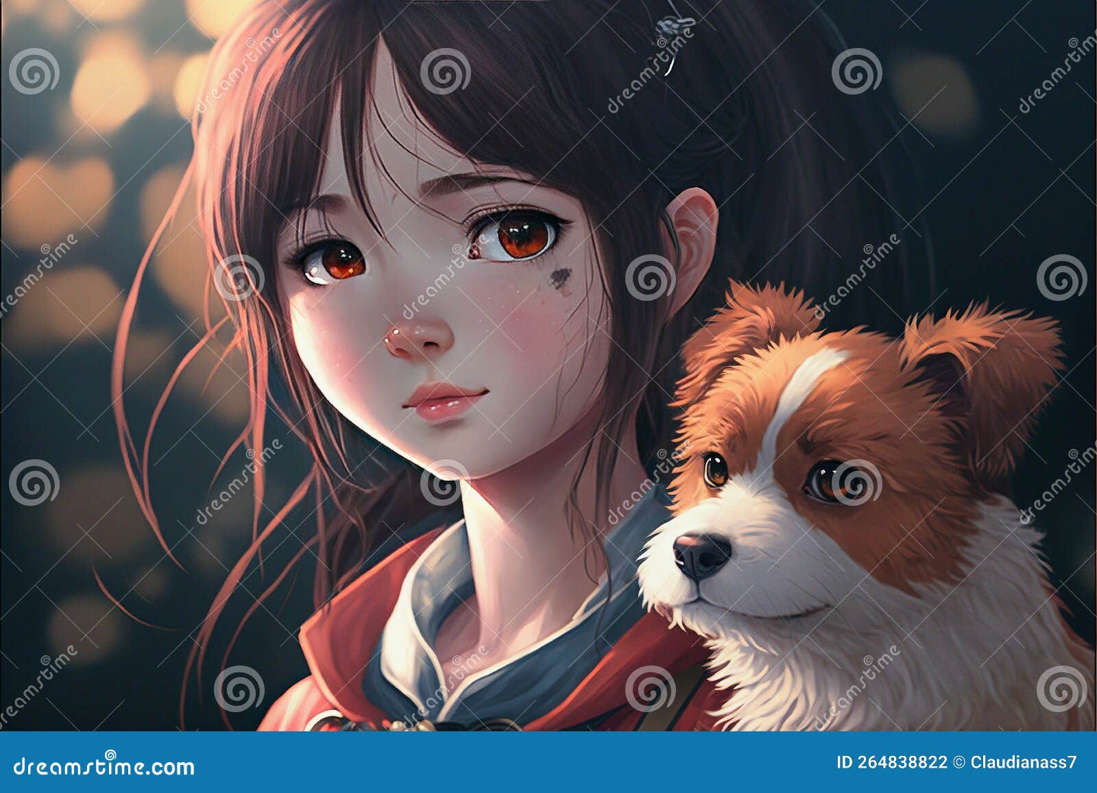 Garota Com Um Cachorro Fofo No Estilo Anime Gerou Uma Ilustração