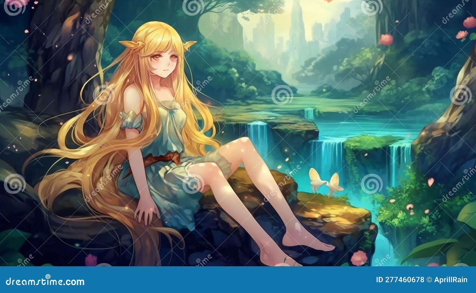 Anime Elf Female Character On The Background Of Forest River Stock Illustration Illustration
