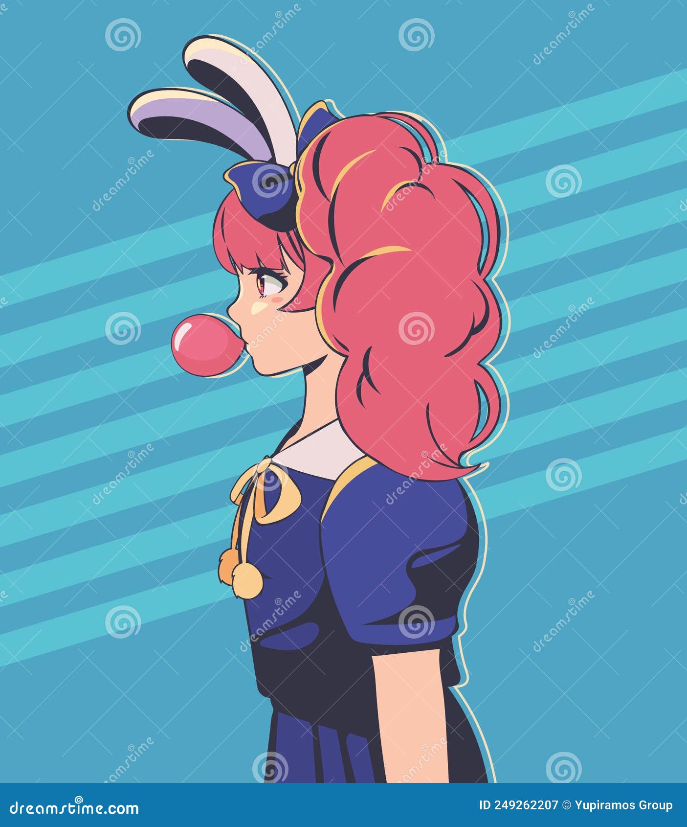 Anime girl with bubble gum stock vector. Illustration of happy 249262207