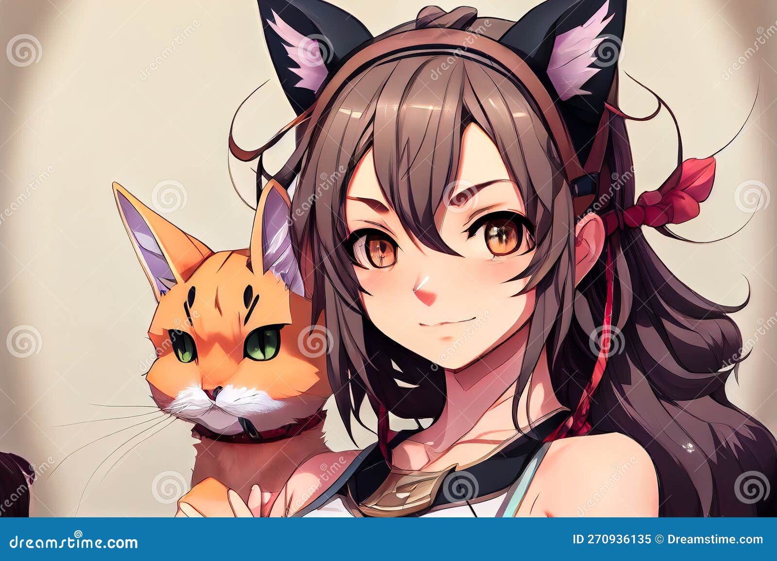Anime Girl with Cat Ears. Generative AI Stock Illustration