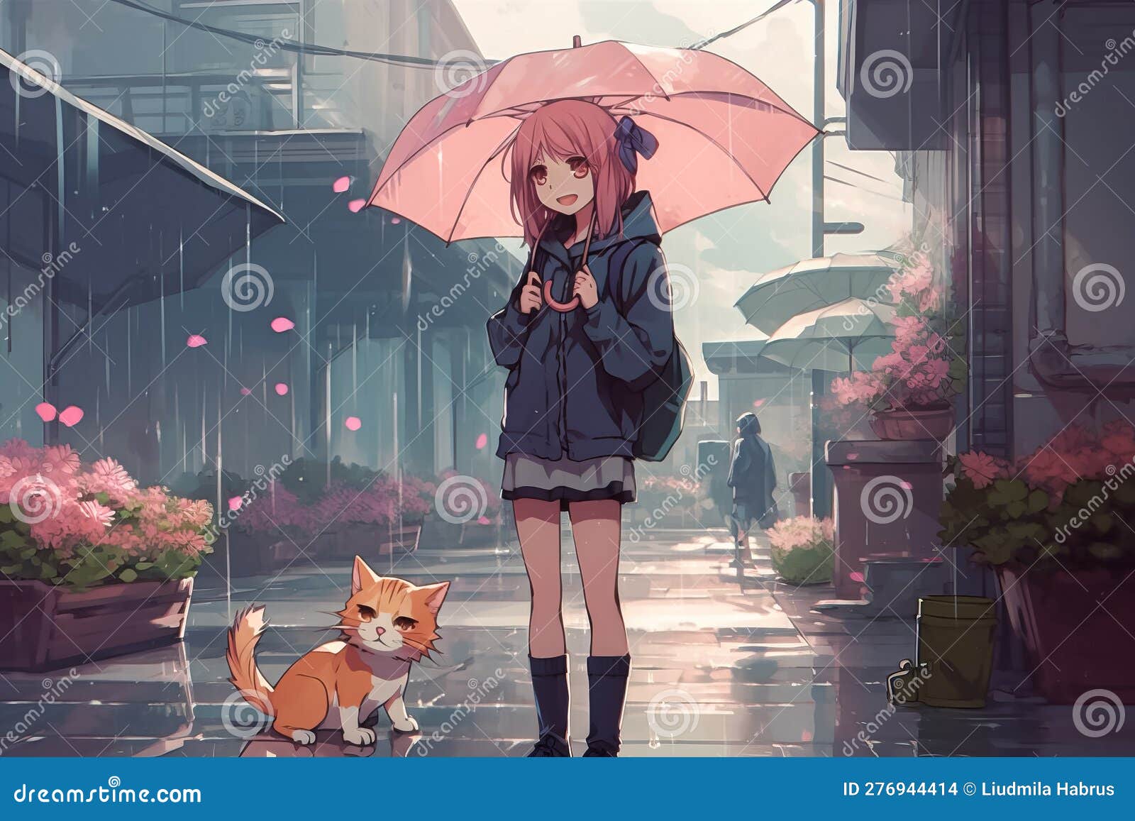 Cena de anime de uma pessoa andando na chuva com um guarda-chuva