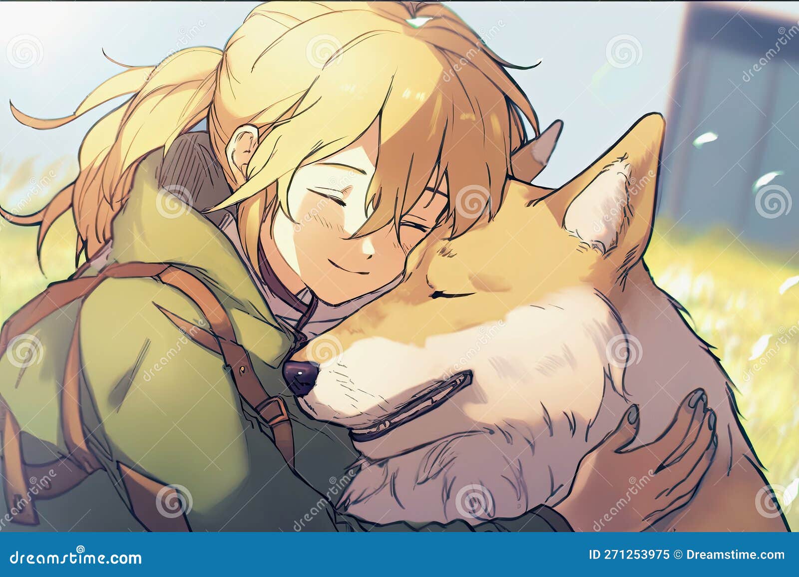 anime girl cuddling her dog generated ai illustration midjourney generative blonde haired 271253975