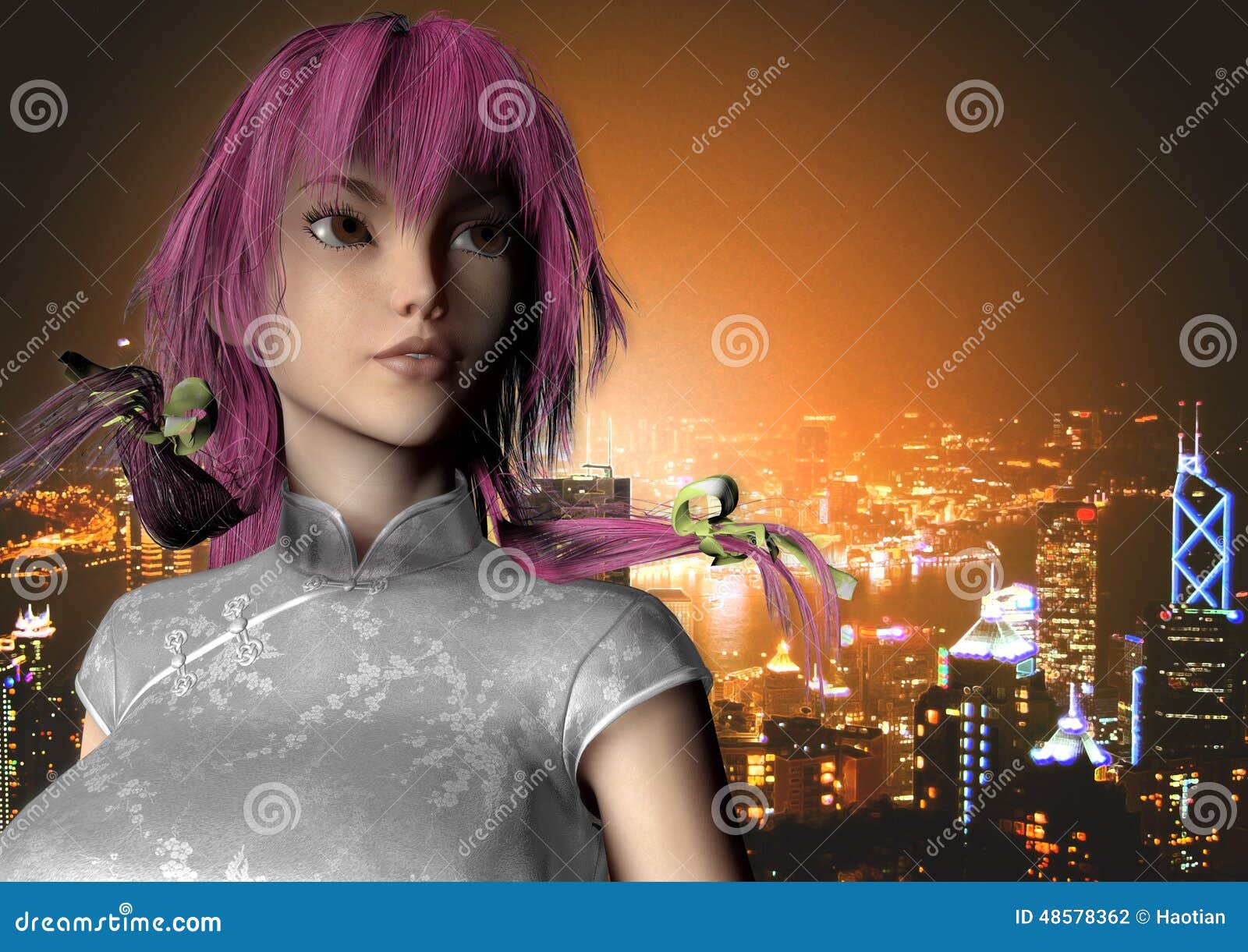 feeling free and flying, anime girl flying over a city, peaceful manga artwork, generative ai technology Stock Illustration