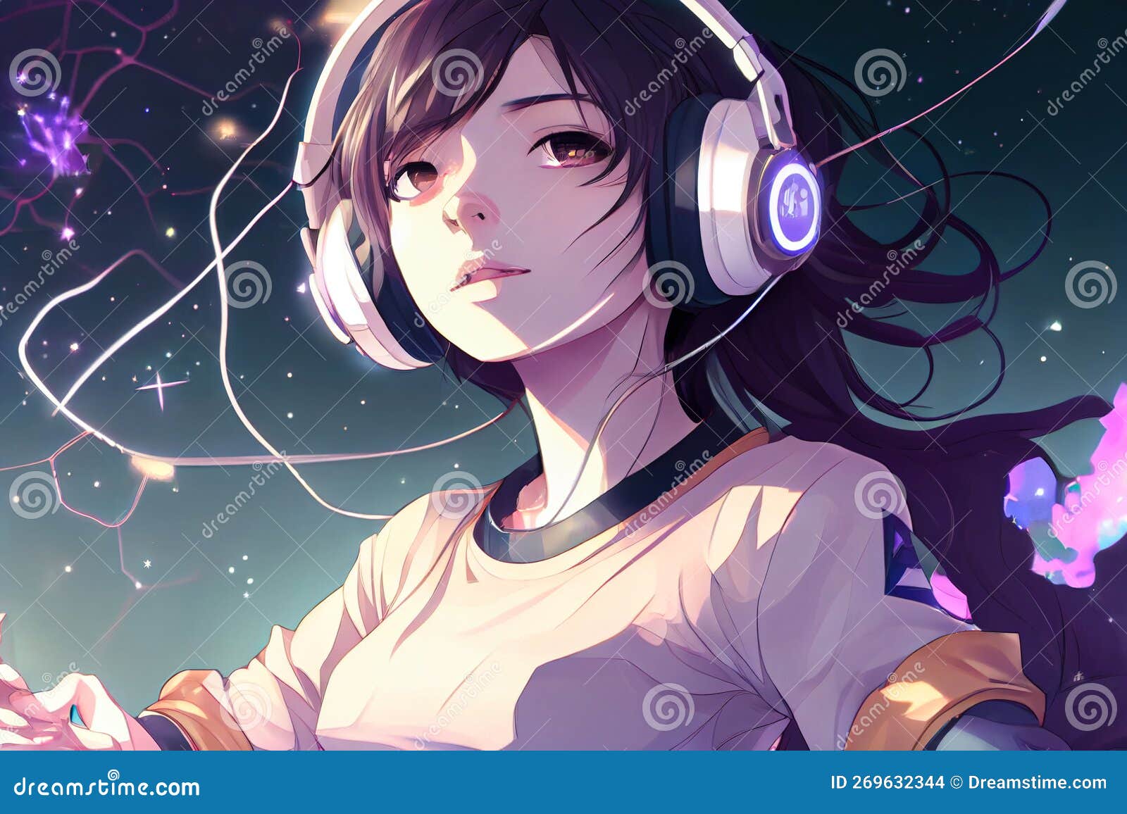 Cute Anime Girl with Headphone Digital Art Stock Illustration