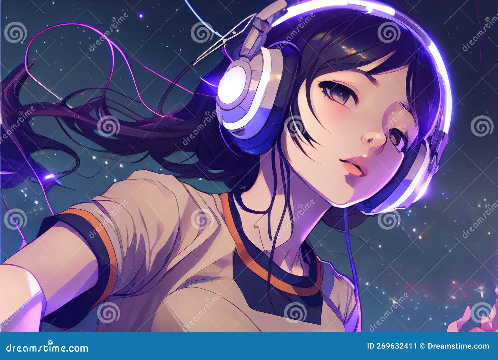 Cute Anime Girl with Headphone Digital Art Stock Illustration