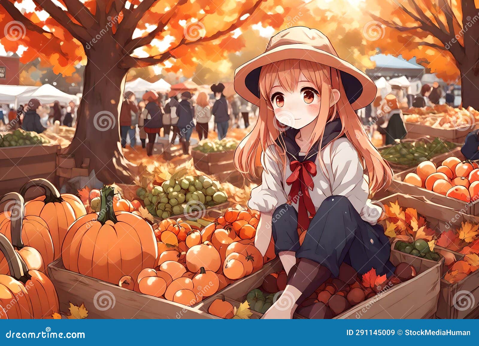 anime girl proud of bountiful harvest thanksgiving festival farmer's market