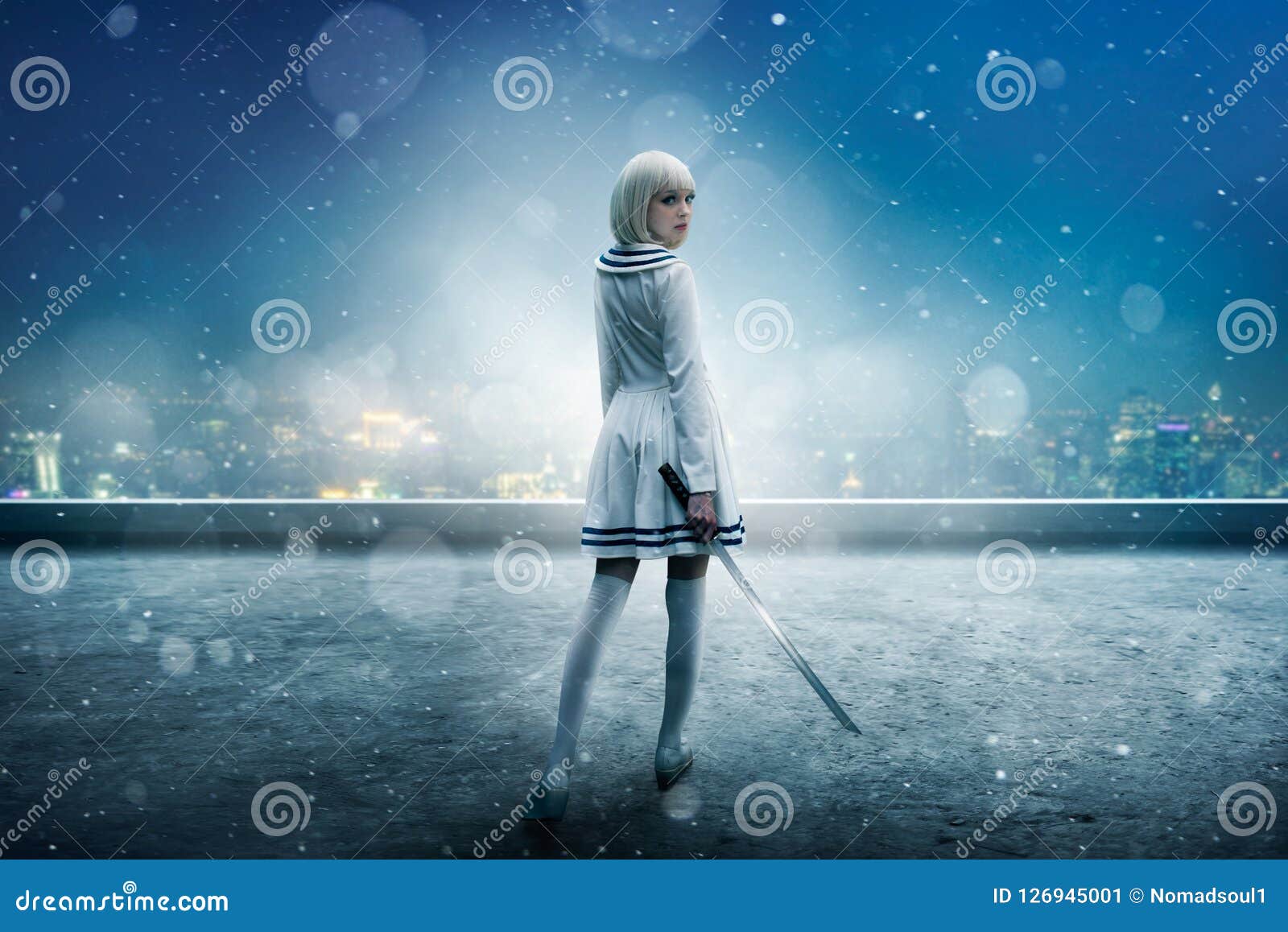 Anime Girl on Snowy Edge of Skyscraper Roof Stock Image - Image of  background, hairstyle: 126945001