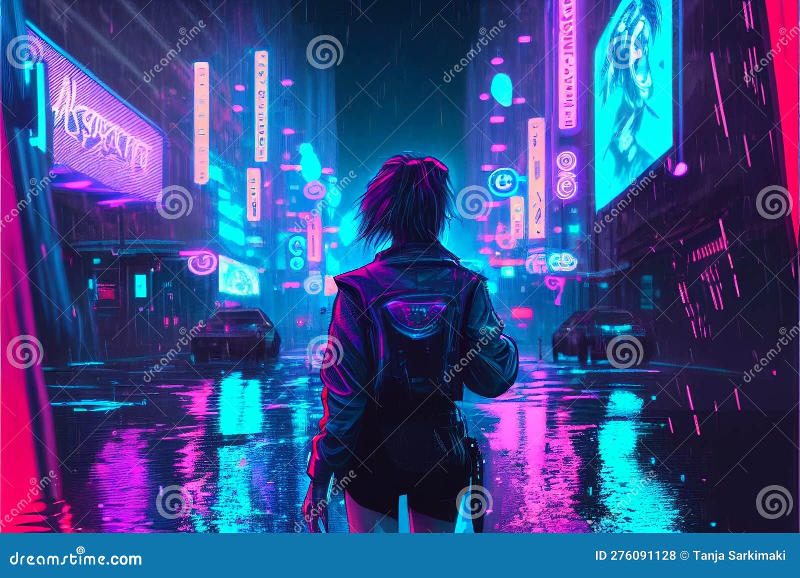 The neon-lit streets of a cyberpunk anime night city with this