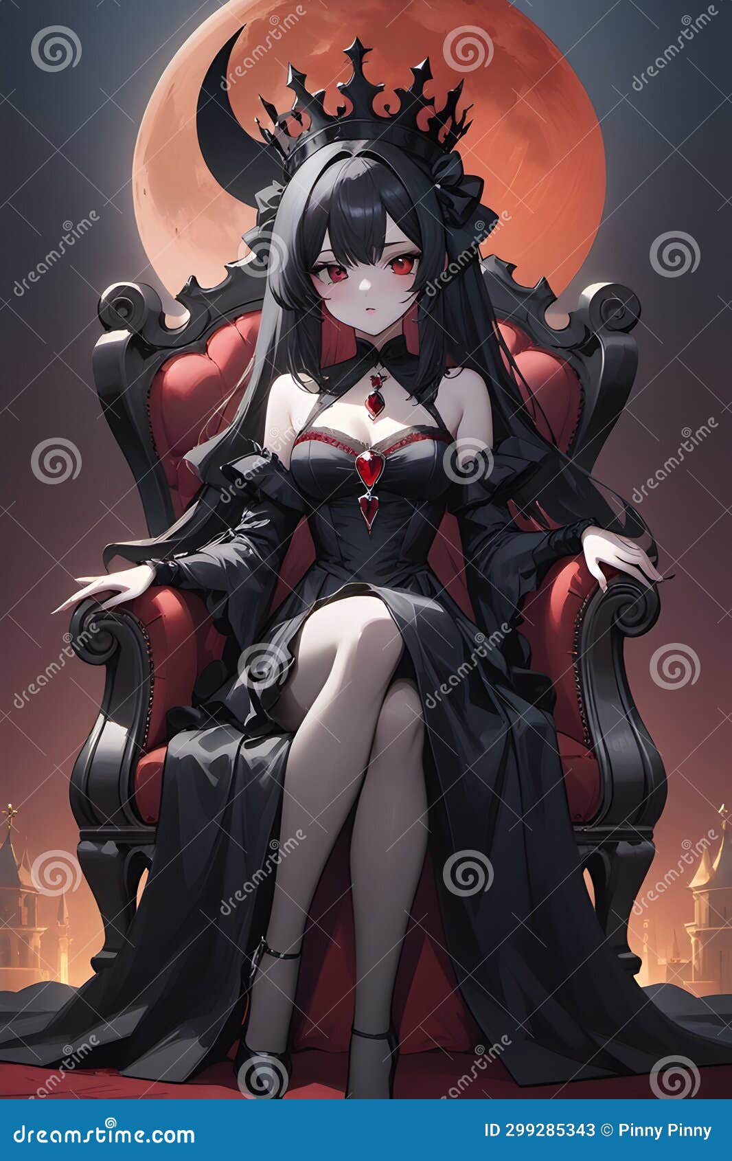 An Anime Girl, Vampire Queen with Her Crown in Royal Black Dress, Sitting  on a Chair with Red Full Moon, Elegance, Wallpaper Stock Illustration -  Illustration of sitting, chair: 299285343