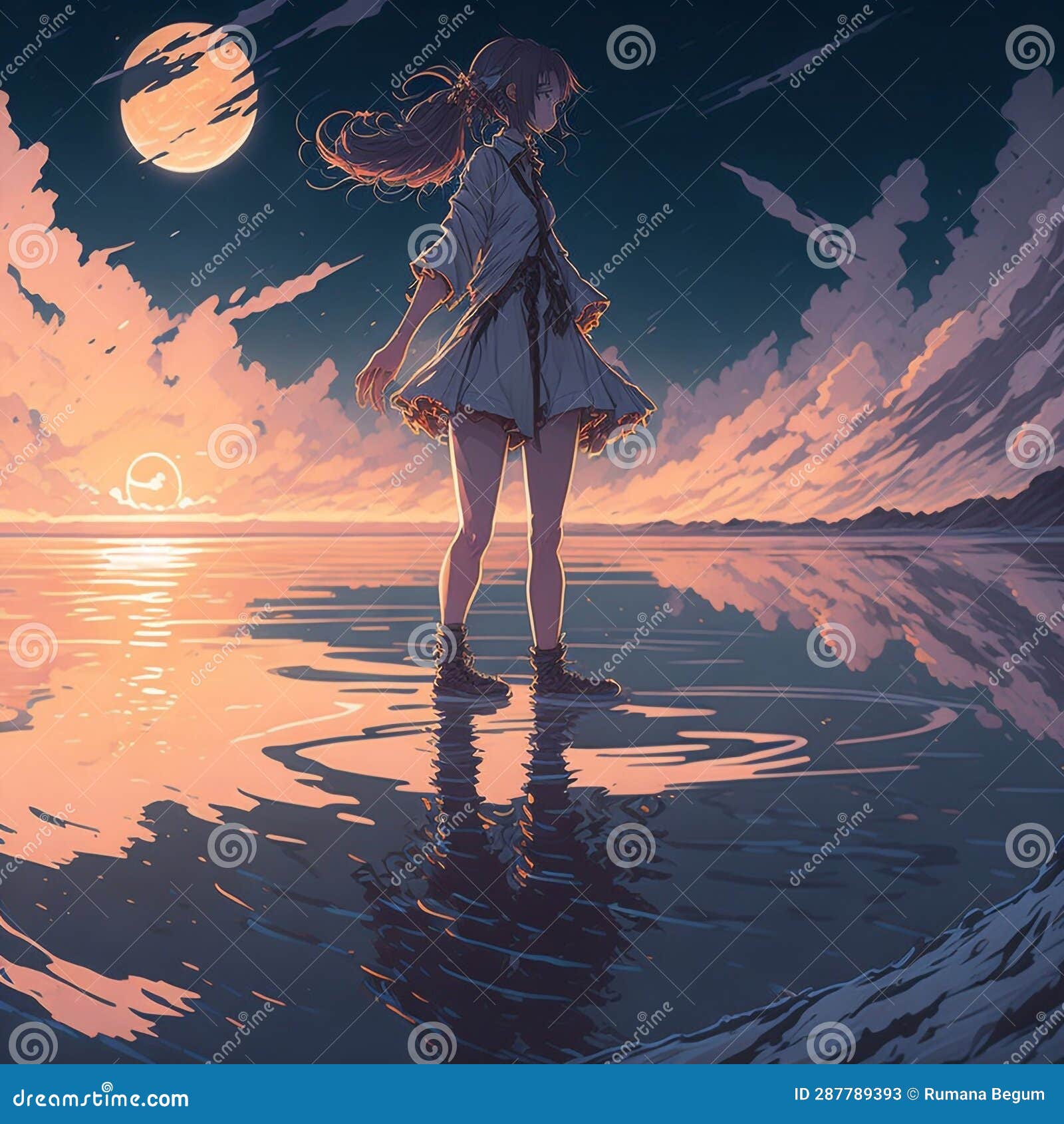 anime girl walking on water ripples backdrop of dawn saturn in the background generative ai