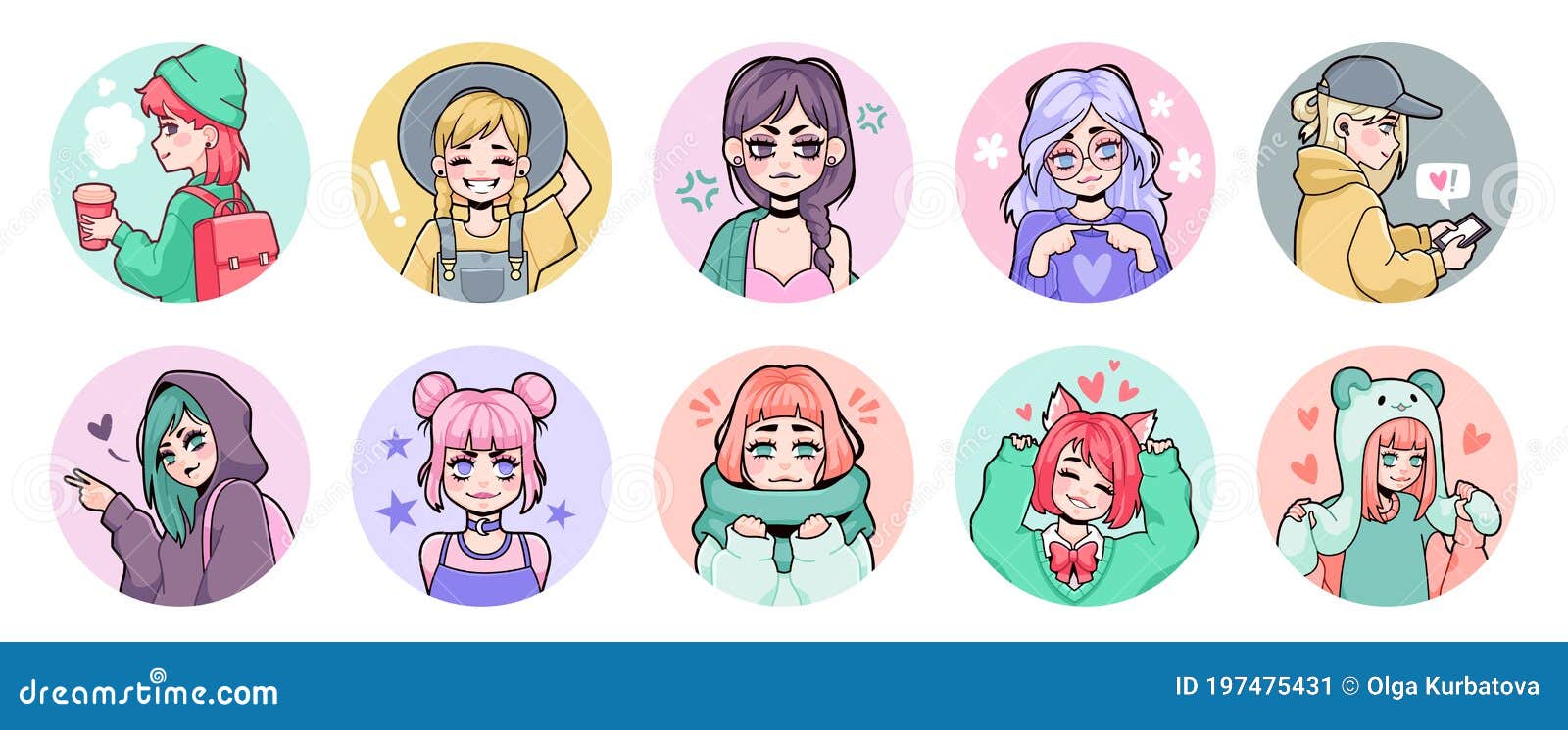 Anime Girls Avatars. Asian Teenage Cute Woman Kawaii with Face Expressions  and Activities in Various Clothes, Profile Stock Vector - Illustration of  avatar, funny: 197475431